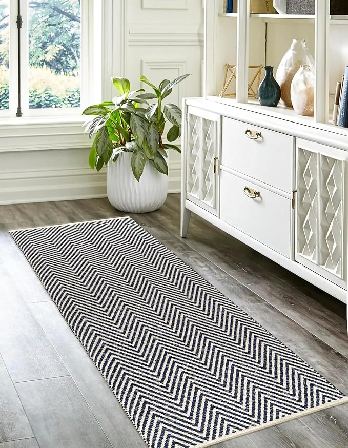 Cotton Chevron Hand Woven Area Runner Rug 2x6 Feet - Navy Blue, Farmhouse Decorative Floor Runners Ideal for Hallways, Kitchen, Bedroom | Nursery Durable Geometric Reversible Living Space Patio Mats