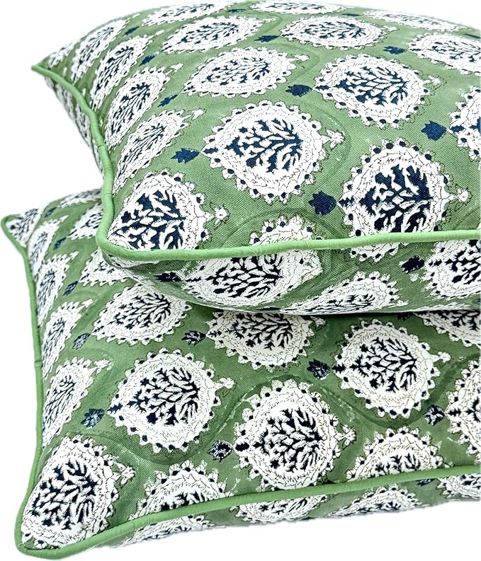 ATOSII Block Print Throw Pillow Covers, 18 X 18 - Set of 2, Decorative Couch Pillows for Living Room Bed Sofa, 100% Cotton Canvas Pillow Case for Home Decor & Outdoors, Preppy Throws - Kari Green