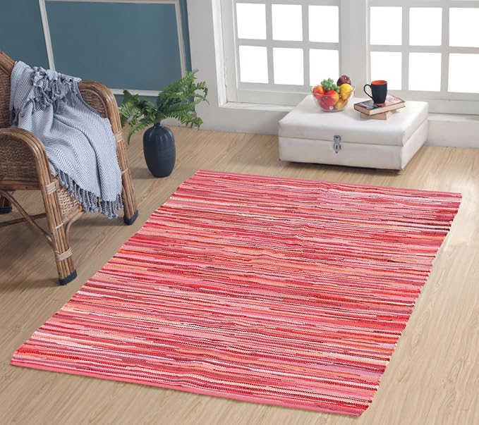 Handmade Cotton Chindi Rug Runner Area Rag Washable Recycled Rugs for Home Décor, Living Room and Bedroom (Pink, 4X6 Feet)