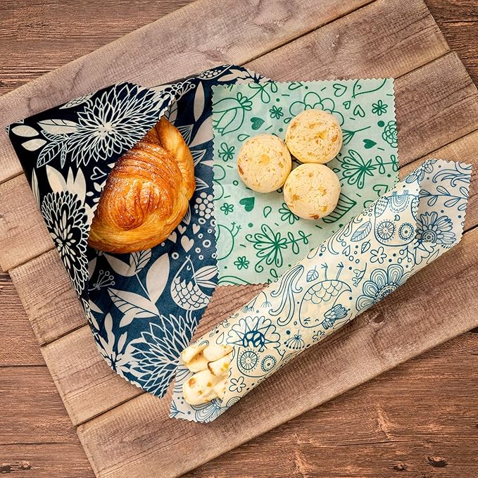 Akeeko Reusable Beeswax Food Wraps - Assorted 9 Packs, Reusable, Plastic-Free Food Storage, 5 Small, 2 Medium, 1 Large, 1 Extra Large Wraps with Flower and Birds Pattern