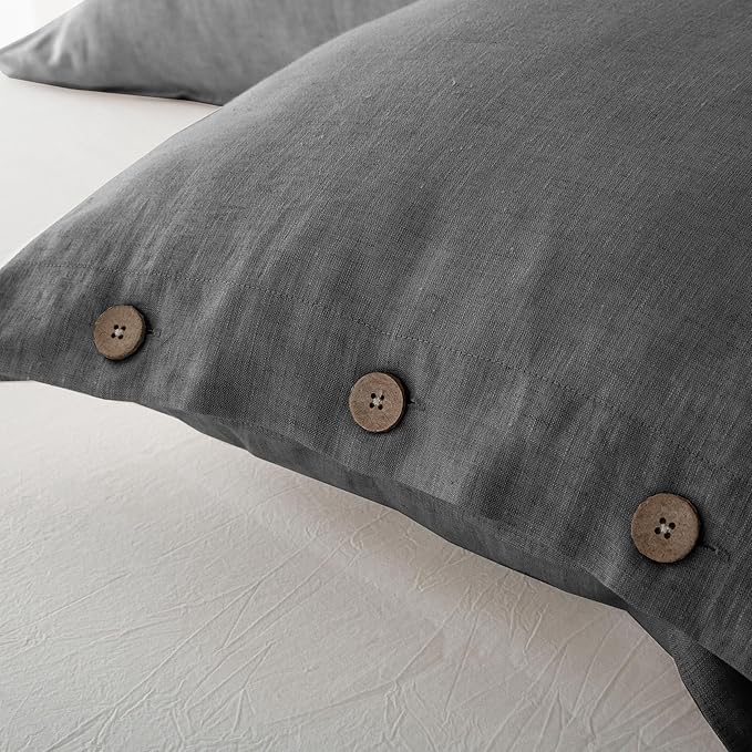 EVERLY 100% Linen Pillowcases Set of 2,French Linen from Normandy, 20X26Inch Standard Size, Natural Color, Coconut Buttons Closure, Flax Pillowshams-Pillowcase-Dark Grey
