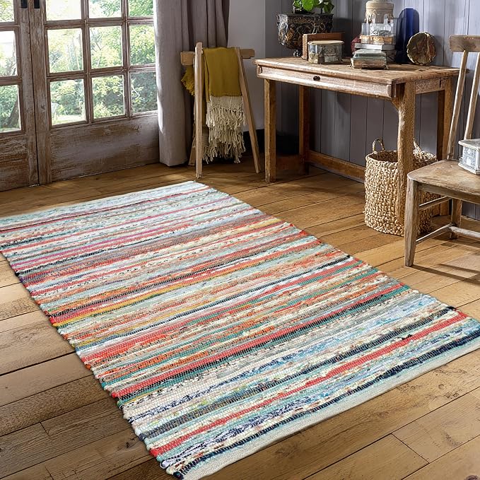 COTTON CRAFT Cotton Chindi Rag Rug - 4 x 6 ft – Handwoven Reversible Boho Farmhouse Area Rug – Multicolor Recycled Cotton Yarn Accent Carpet for Living Room, Bedroom, Entryway & Dorm Décor