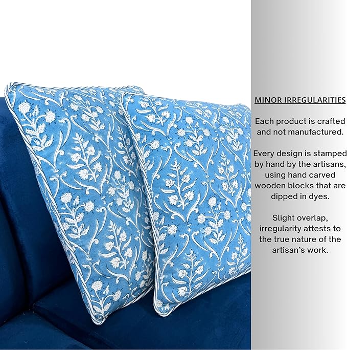ATOSII Block Print Throw Pillow Covers, 18 X 18 - Set of 2, Decorative Couch Pillows for Living Room Bed Sofa, 100% Cotton Canvas Pillow Case for Home Decor & Outdoors, Preppy Throws - Maya Blue