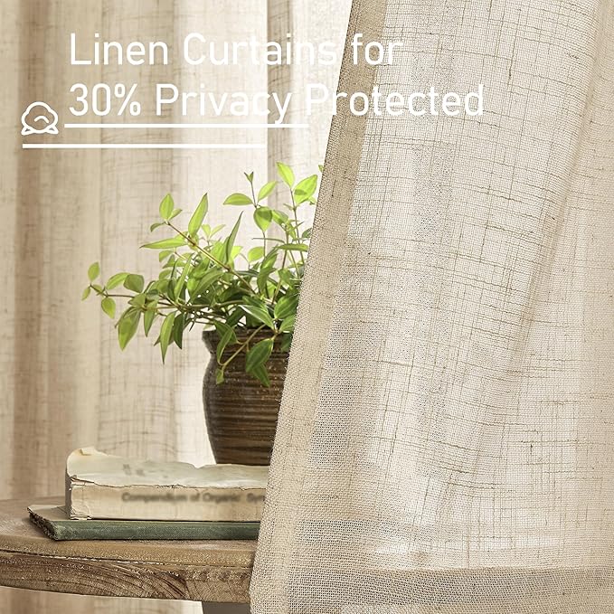 LAMIT Semi Sheer Linen Curtains 54 Inch Length 2 Panels, Brown Light Filtering Panels Back Tab and Rod Pocket Neutral Drapes for Kitchen/Window/Bedroom, 52 x 54 Inch