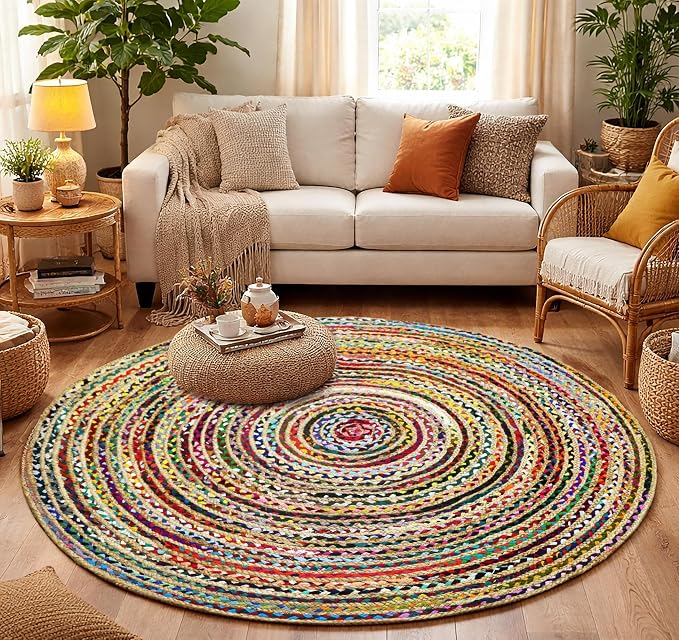 COTTON CRAFT Jute Cotton Chindi Braid Rag Rug - Boho Farmhouse Rustic - Handwoven Reversible Natural Jute and Recycled Cotton Throw Area Rug Carpet - Home Décor - 7 Feet Round - Multi Color