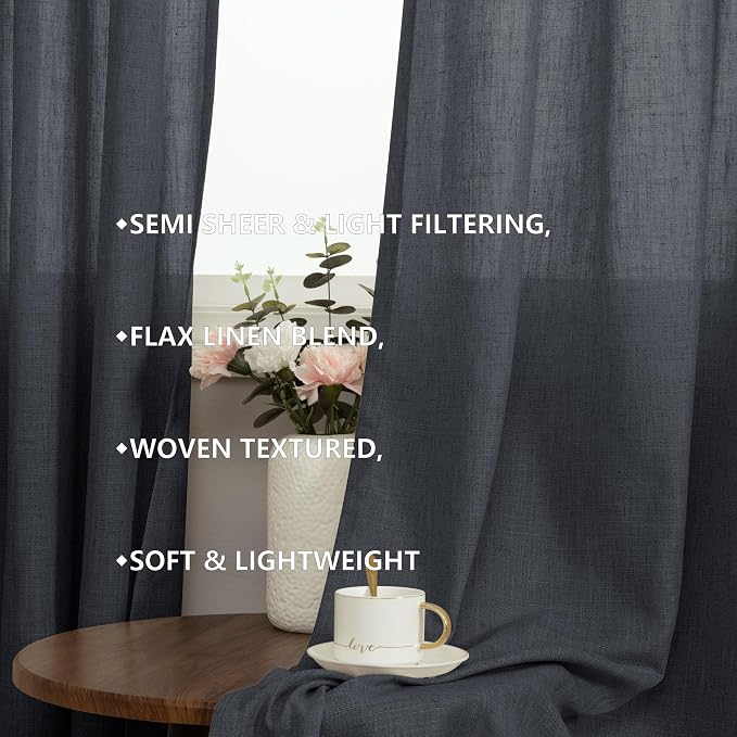 Grey Living Room Curtains 96 Inches Long 2 Panels Grommet Eyelet Neutral Linen Sheer Soft Cotton Modern Farmhouse Drape Light Filtering Semi Sheer Charcoal Gray Curtain Ceiling to Floor 52x96 Length