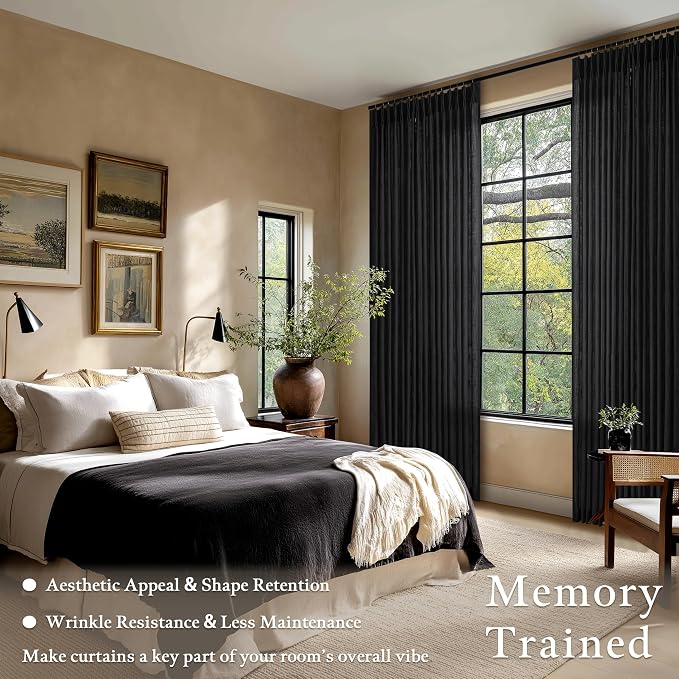 Extra Long Black Linen Curtains 120 Inches Long Modern Neutral Curtain 10 Foot Light Filtering Semi Sheer Back Tab Pinch Pleat Curtain for Tall Ceiling Living Room 2 Panels 50 by 120 Inch Length
