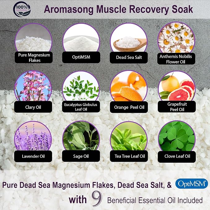Aromasong 19 lb Natural Lavender Dead Sea Salt + 3 lb Aromasong Muscle Recovery Bath Soak Bundle – Ultimate Relaxation & Muscle Relief with Pure Minerals, Magnesium & OptiMSM