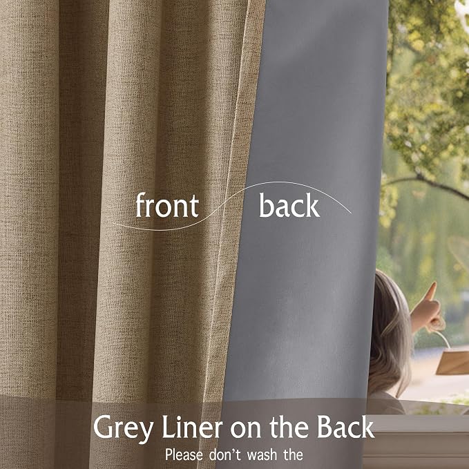 RYB HOME Pinch Pleated Back Tab Curtains Linen Textured 100% Blackout Curtains Thermal Insulated for Bedroom Living Room Bay Window Drapes, W 42 x L 84 inches, Burlap, 2 Panels