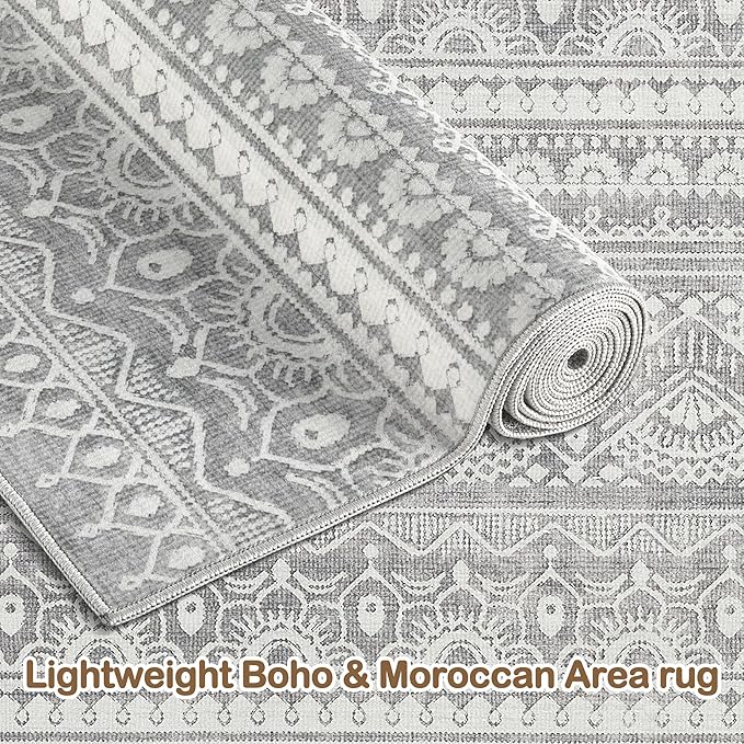 Tortania Area Rug Living Room Rugs - 7x9 Washable Large Soft Neutral Boho Moroccan Bohemian Farmhouse Rug Indoor Floor Carpet for Bedroom Under Dining Table Home Office Decor - Neutral Grey
