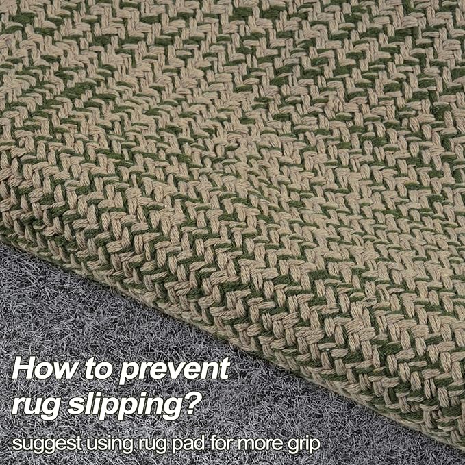 LEEVAN Boho Living Room Rugs 5X8 ft, Washable Woven Cotton Modern Bedroom Area Rug, Green/Natural Braided Floor Carpet for Dining Room Nursery Room, Outdoor Rug for Patio Balcony Decor