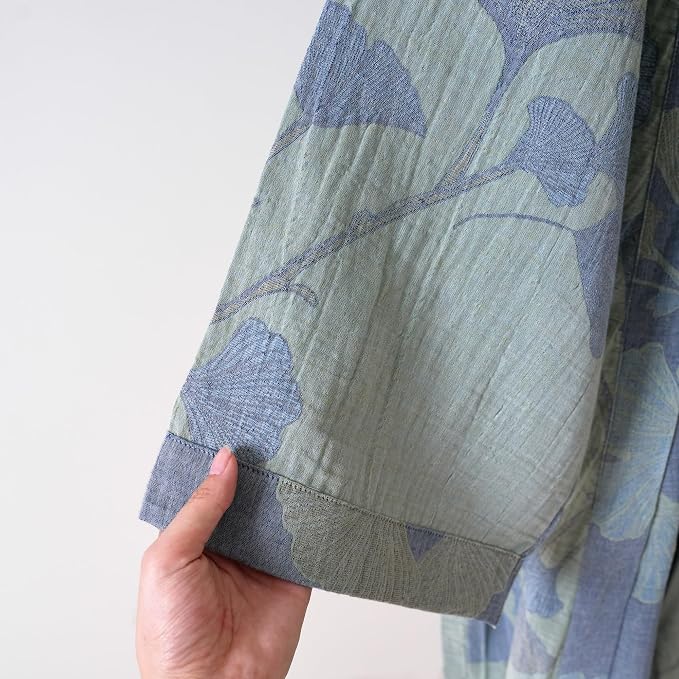 100% Cotton Gauze Ginkgo Leaf Kimono Robe, Long Knit Loose Bathrobe Nightgown Ladies Loungewear Sleepwear for Women