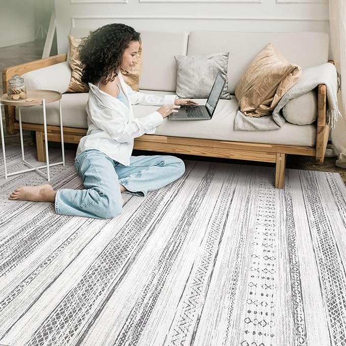 Tortania Area Rug Living Room Rugs - 5x8 Washable Large Soft Neutral Boho Moroccan Bohemian Farmhouse Rug Indoor Floor Carpet for Bedroom Under Dining Table Home Office Decor - Light Grey