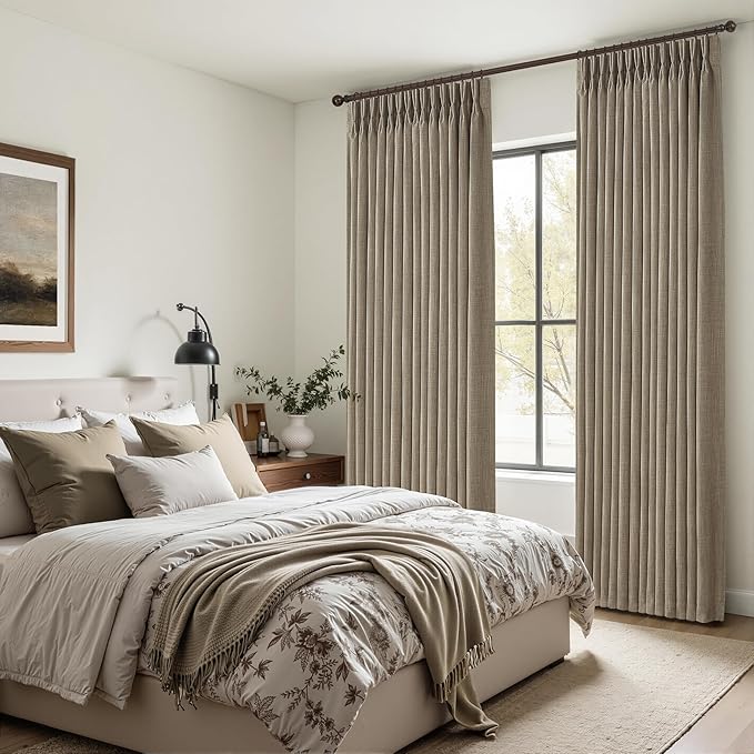 Oak Taupe Thick Linen Dual Layer Classroom Curtains 86 Inches Long 2 Panels Set, Blackout Memory Trained Pinch Pleated Insulated Soundproof Office Elegant Windows Curtain & Drapes 84-86 Inch Length