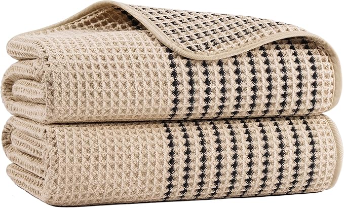 MICROFI New Microfiber Waffle Bath Towels, 2 Pieces, Soft, Absorbent, Fast Drying, Lint Free 430 GSM (Beige Striped)