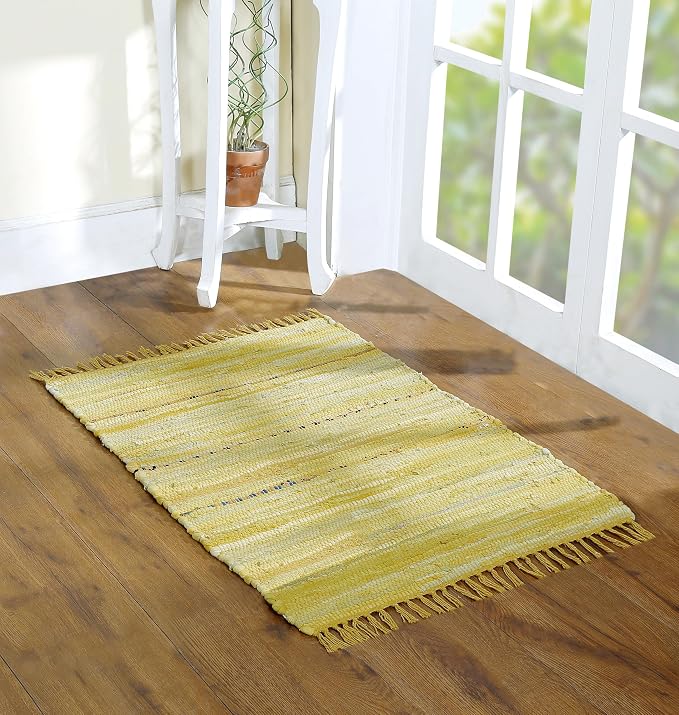 Cotton Rag Rug 24x36'' | 2x3' Multicolor Area Rug - Hand Woven, Washable & Reversible with Tassels - Perfect for Living Room, Kitchen, Entryway, or Bedroom (Mustard Multi)