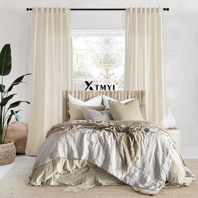 XTMYI Beige 100 Inches Long Country Curtains for Living Room,Sheer Linen Shabby Chic Curtains for Bedroom,50 Inches Wide