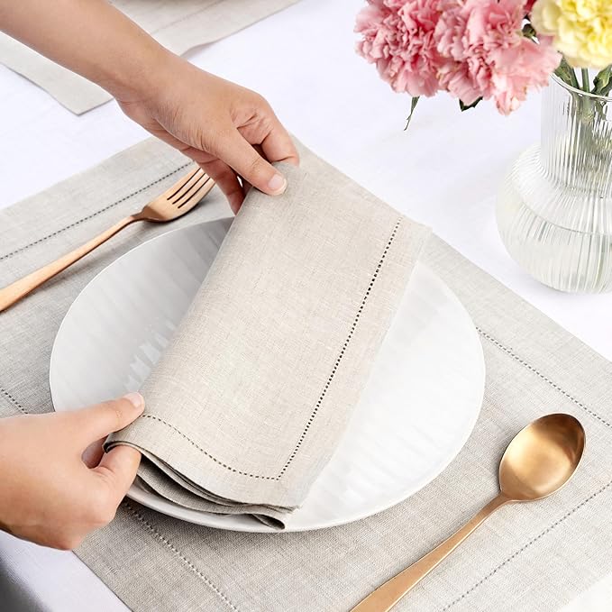 Signature Linen™ by D'Moksha Light Natural Dinner Napkins Set of 4, 20 x 20 Inch Cloth Napkins, 100% Pure Linen, Hemstitch, Machine Washable Table Napkins- Summer, Father's Day