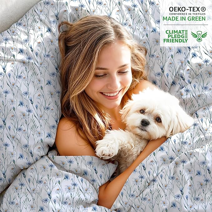 RUVANTI 100% Cotton Organic Percale Sheets Twin XL Size – Crisp Cooling Bed Sheets for Hot Sleepers, Deep Pocket 15”, Soft Peach Finish, Breathable & Durable Hotel-Style 3 Pcs, Daisy Bud