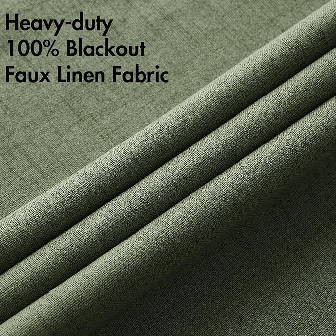 MIULEE 100% Blackout Linen Textured Curtains for Bedroom Solid Thermal Insulated Olive Green Grommet Room Darkening Curtains & Drapes Luxury Decor for Living Room Nursery 52 x 84 Inch (2 Panels)