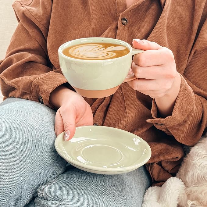 MORA Ceramic Latte Art Mug With Saucer - 10.5 oz, Round Bottom For Perfect Pours - Cafe Cups for Cappuccino, Espresso, Coffee, Tea etc - Porcelain Set for Baristas, Great Gift - Light Matcha