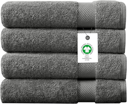 Organic Cotton Luxuriously Plush Bath Sheet Pack of 4 | GOTS & OEKO-TEX Certified | Premium Hotel Quality Towels | Feather Touch Technology|650 GSM Long Staple|Soft, Quick Dry & Ultra-Absorbent