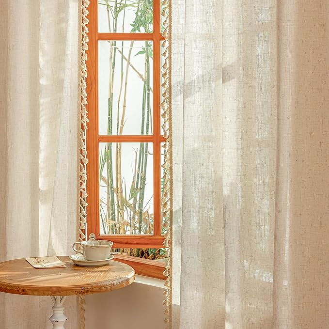 MYSKY HOME 96 Inch Length Farmhouse Semi Sheers Light Filtering Privacy Drapes for Sliding Glass Door, Bohemian Country Style Draperies with Tassel Back Tab, 50" W×96" L, Linen, 2 Panels