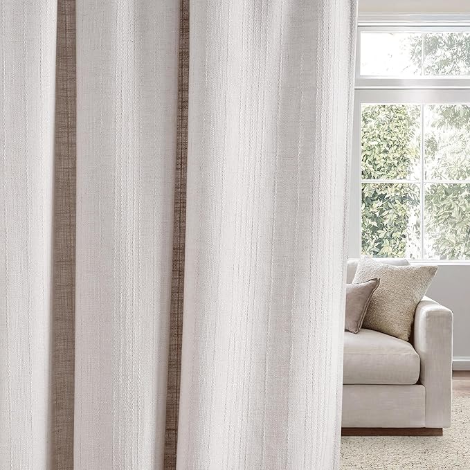 NICETOWN Boho Linen Curtains Jacquard Waffle Weave Pattern, Window Treatments Privacy with Light Filtering Drapes for Living Room, Angora, W52 x L96, 2 Panels