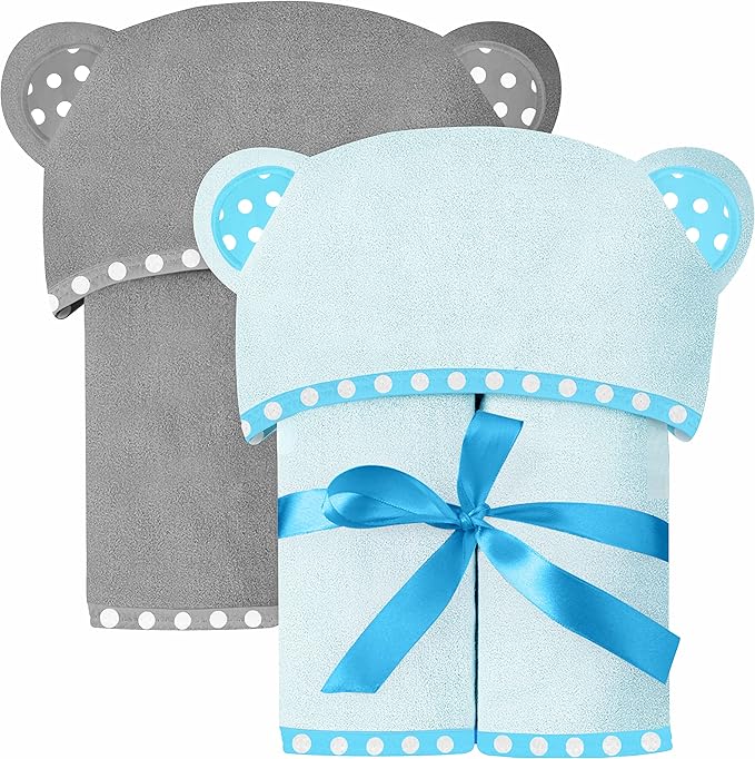 Set of 2 Hooded Baby Towels – Blue and Grey – Luxurious, Large and Super Absorbent – 30 x 30 Inch – Soft and Suitable for Infants, Toddlers and Kids – 400 GSM