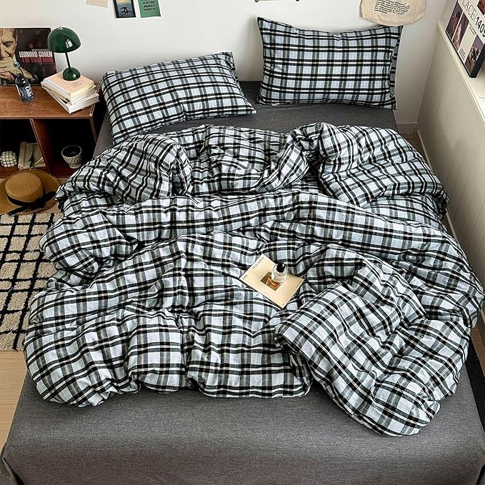 mixinni Vintage Grey & Pale Blue Buffalo Plaid Duvet Cover Set Full Size - 3 Piece Washed Cotton Bedding Set with Grid Pattern, Soft & Breathable Duvet Cover with Pillowcases for Boys, Men& Women