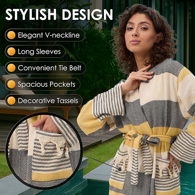 ATANI 100% Turkish Cotton Bathrobe S-XXL for Women & Men – Peshtemal Style Soft Cozy Lounge Robe, Absorbent & Lightweight