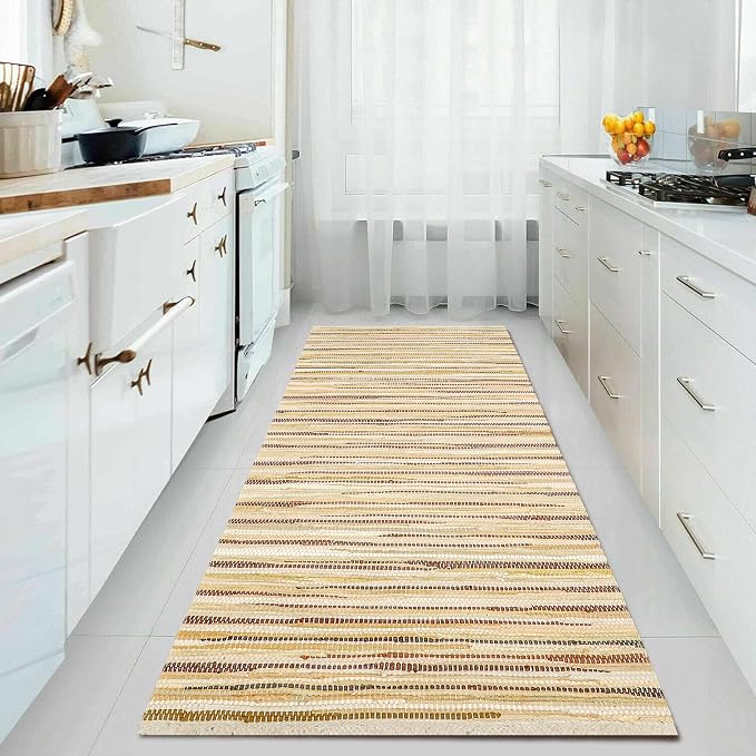 Cotton Hand Woven Chindi Runner Rug 2x6 Feet - Beige, Lightweight Decorative Soft Throw Indoor Floor Rag Rugs Ideal for Hallways, Kitchen, Bedroom | Linen Soft Braided Textured Carpet for Office Décor
