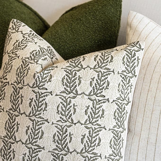 FIOUOVO Floral Throw Pillow Covers 18x18 Set of 2 Block Print Cushion Covers Farmhouse Neutral Accent Decorative Pillow Covers Home Decor for Sofa Couch Living Room Bedroom, Olive Green