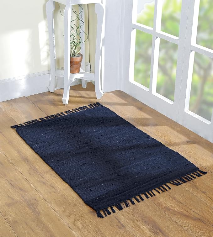 Cotton Rag Rug 24x36'' | 2x3' Multicolor Area Rug - Hand Woven, Washable & Reversible with Tassels - Perfect for Living Room, Kitchen, Entryway, or Bedroom (Solid-Navy)