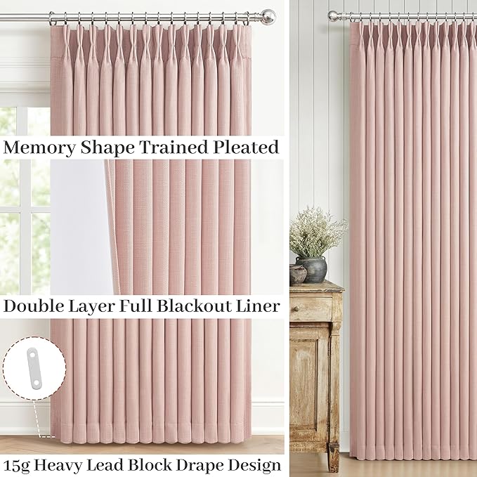 Blush Pink Double Layer Linen Pinch Pleated Curtains 90 Inches Long for Kids Room 2 Panels Set, Beautiful Memory Shape Blackout Insulated Noise Reducing Textured Viral Windows Drapes 40 x 90 Length