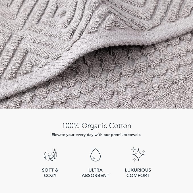 Texere 100% Organic Cotton Diamond Jacquard 700 GSM Luxury Bath Towel Sets - Ultra Soft and Absorbent Hotel and Spa Quality (Diamond, Cathedral Gray, 2 Bath & 2 Hand Towels)