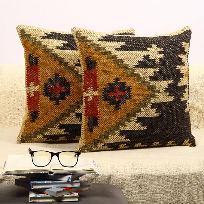 Trade Star Set of 2 Kilim Cushion Cover 70% Jute 30% Wool Pillow Shams Throw Pillow Cover 18x18 Inches Decorative Designer Cushion Cover Handwoven Rug Decorative Pillowcase (Kilim 6)