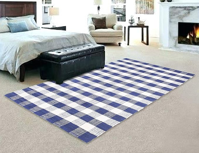 GLAMBURG Cotton Reversible Area Rug 3' x 5' Farmhouse Floor Mat, Handwoven Washable Carpet Checkered Plaid Rug for Front Porch Living Room Kitchen Bedroom - Blue White