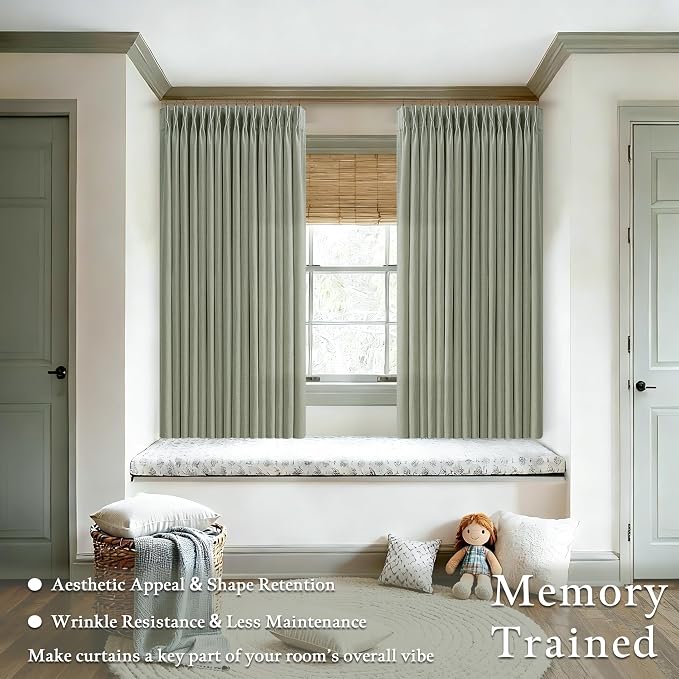 Sage Green 63 Inch Semi Sheer Curtains 2 Panel Set for Kitchen Dining Small Windows Pinch Pleated Neutral Boho Light Filtering Flax Linen Curtains Privacy Pinch Pleat Back Tab for Living Room Bedroom