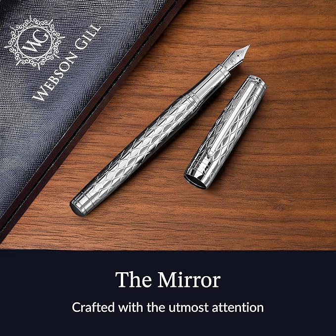 ‘The Mirror’ Silver Luxury Executive Fountain Pen, Woven Chrome Finish, Medium Nib, Smudge Free, No Bleed, Use Any Fountain Ink with Included Converter, Fits Cartridges (sold separately)