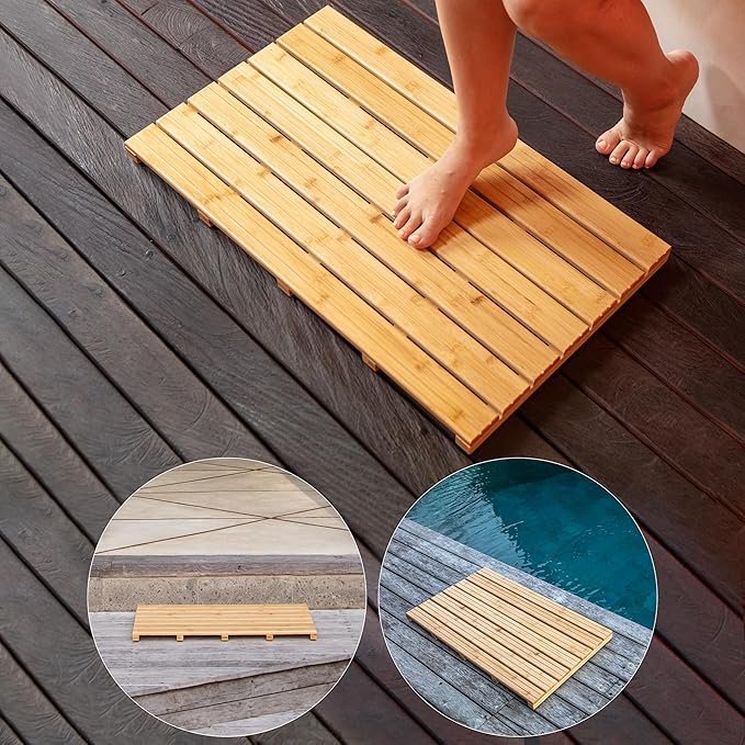 Large Natural Bamboo Bath Mat – Non-Slip Design Sauna Floor Mat, Secure Grip Pads, Water-Resistant Coating, Durable for Indoor/Outdoor Use, Bamboo Decor