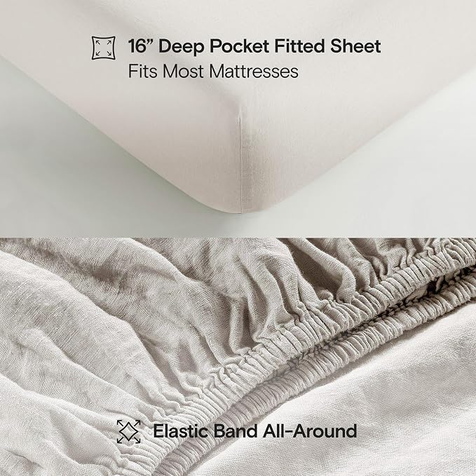 Sijo Stone Washed Organic French Linen Bed Sheet Set, GOTS Certified Organic, Best Cooling Linen Sheet Award by Sleep Foundation, 3 Piece - 2 Pillowcases and 1 Fitted Sheet (Fog, Cal King)