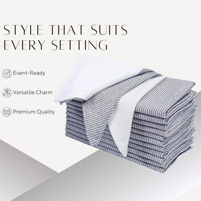 Ramanta Home Cloth Napkins Set of 4 18x18 Inches - Spring Basket Decor Block Striped Dinner Napkins for Easter Farmhouse Wedding, Washable Soft Cotton Durable Table Linen -Everyday Use - Denim Blue