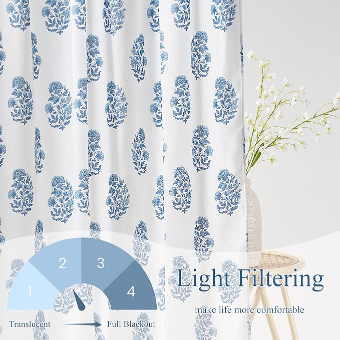 NICETOWN Blue Floral Linen Curtains 84 inches Long Pattern Printed for Girls Bedroom Nursery, Boho Farmhouse Window Sheer Curtain Drapes Aesthetic Light Filtering Privacy 2 Panel Sets, 55" W