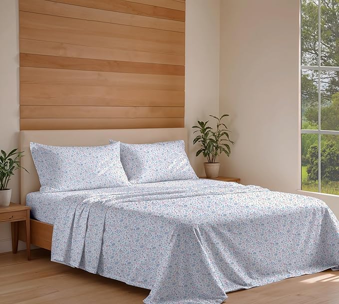 RUVANTI 100% Cotton Organic Percale Sheets King Size – Crisp Cooling Bed Sheets for Hot Sleepers, Deep Pocket 15”, Soft Peach Finish, Breathable & Durable Hotel-Style 4 Pcs, Multi Paisley