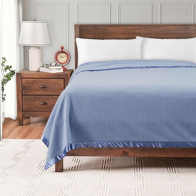 Creswick Woollen Mills 100% Australian Merino Wool Blanket – Soft Warm and Natural with Satin Binding, Breathable Luxury Bedding for All Seasons, (French Blue, Throw)