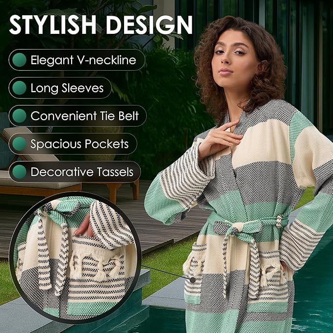 ATANI 100% Turkish Cotton Bathrobe S-XXL for Women & Men – Peshtemal Style Soft Cozy Lounge Robe, Absorbent & Lightweight