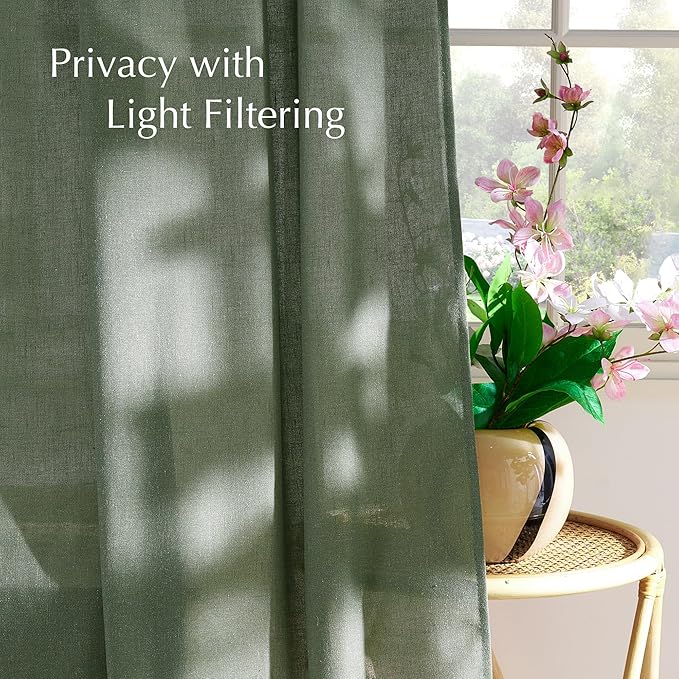 NICETOWN Flax Linen Forest Green Curtains for Large Windows, Rod Pocket & Back Tab Privacy with Light Filtering Linen Blend Window Treatments for Bedroom/Living Room, W55 x L108, Set of 2