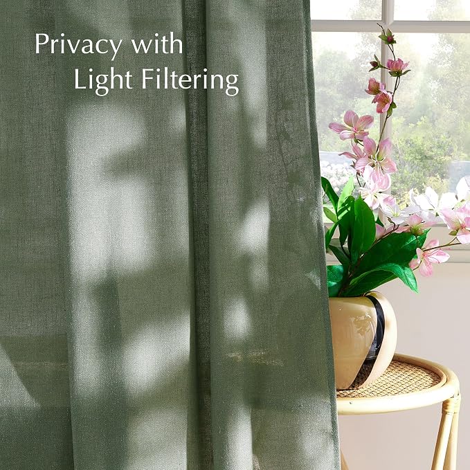 NICETOWN Thick Linen Blend Semi Sheer Forest Green Curtains, Pleat Tape Privacy Added Drapes with Light Filtering Window Treatments for Bedroom/Living Room, W52 x L84, 2 Panels