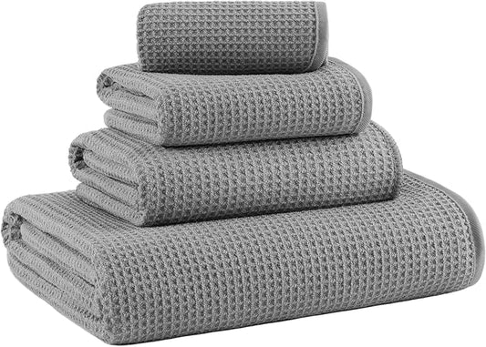 MICROFI Waffle Weave Bath Towel Set, Microfiber, 4 Pieces (Body/Hair/Hand/Face), Quick Dry, Lightweight, Super Absorbent, Lint Free, 380 GSM (Gray)